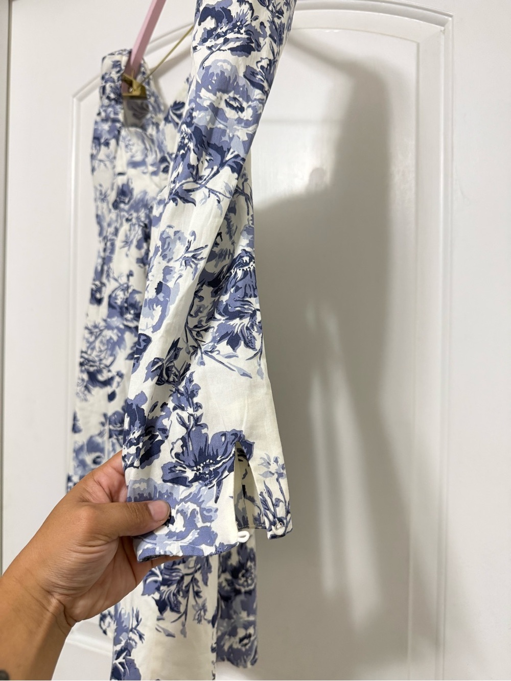 White and Blue Floral Mini Dress with Square Neck - Picture 4 of 6